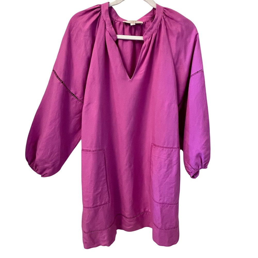 LOFT Magenta Pink Linen Blend Ladder Stitch Balloon Sleeve Tunic Dress Large